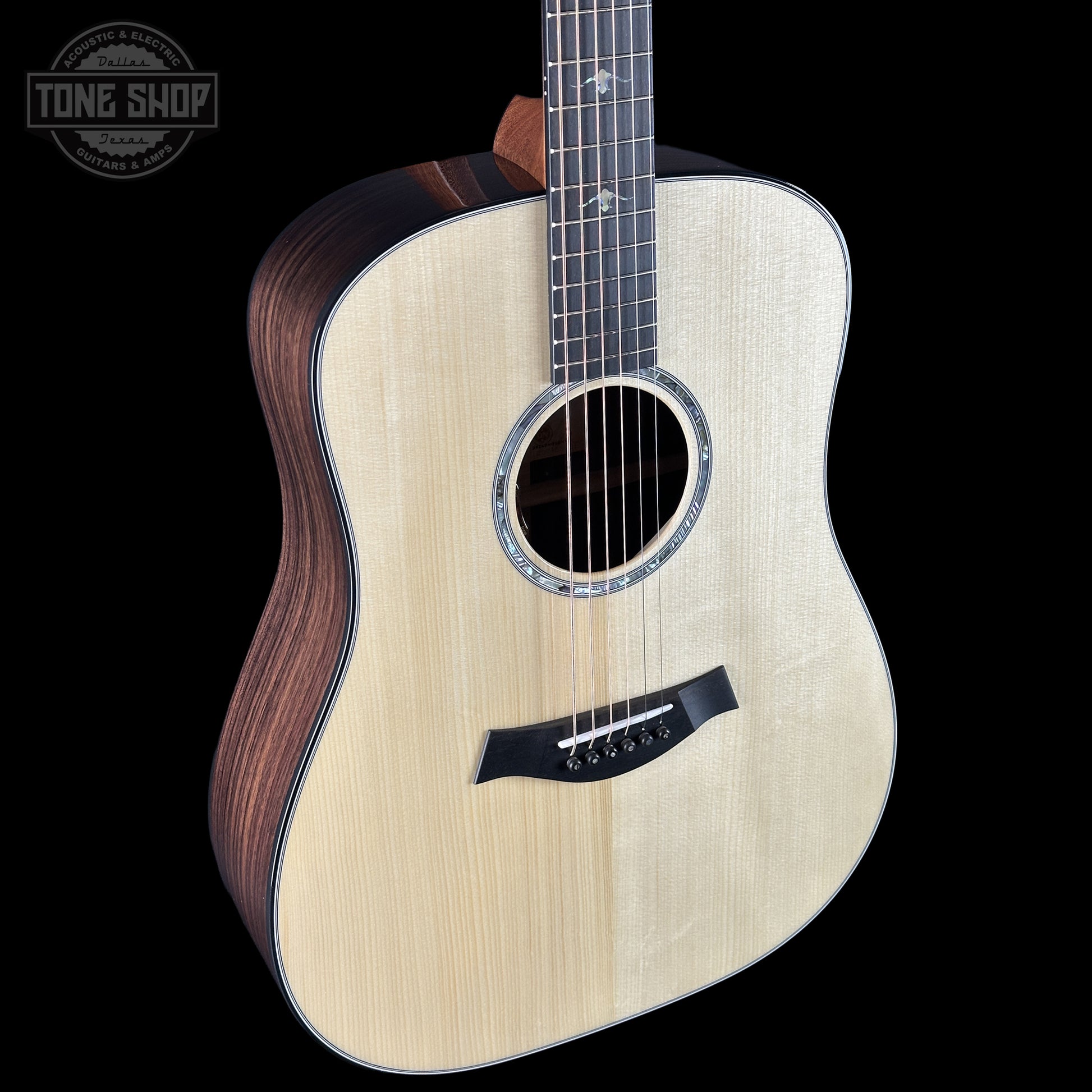 Front left angle of Taylor Custom TSG Anniversary Dread Adirondack / Indian Rosewood 1207185001.