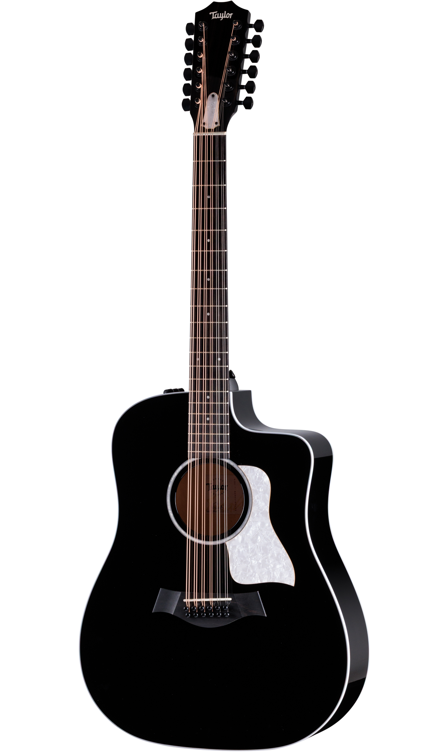 Full frontal of Taylor Somos 250ce Plus BLK Doce Doble 12-string, Black.