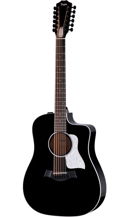 Full frontal of Taylor Somos 250ce Plus BLK Doce Doble 12-string, Black.