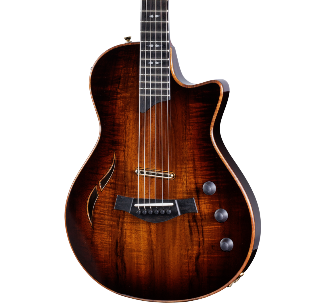 Front of Taylor T5z Custom Koa Shaded Edgeburst Armrest.