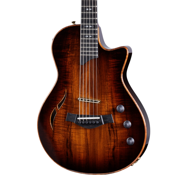 Front of Taylor T5z Custom Koa Shaded Edgeburst Armrest.