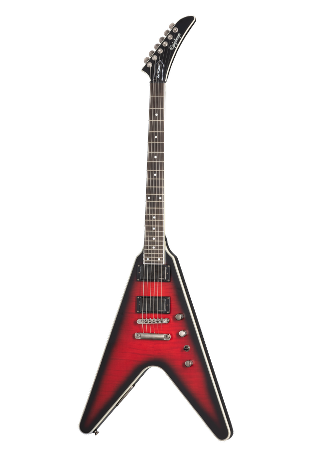 Full frontal of Epiphone Dave Mustaine Prophecy Flying V Figured Fluence Pickups Aged Dark Red Burst.