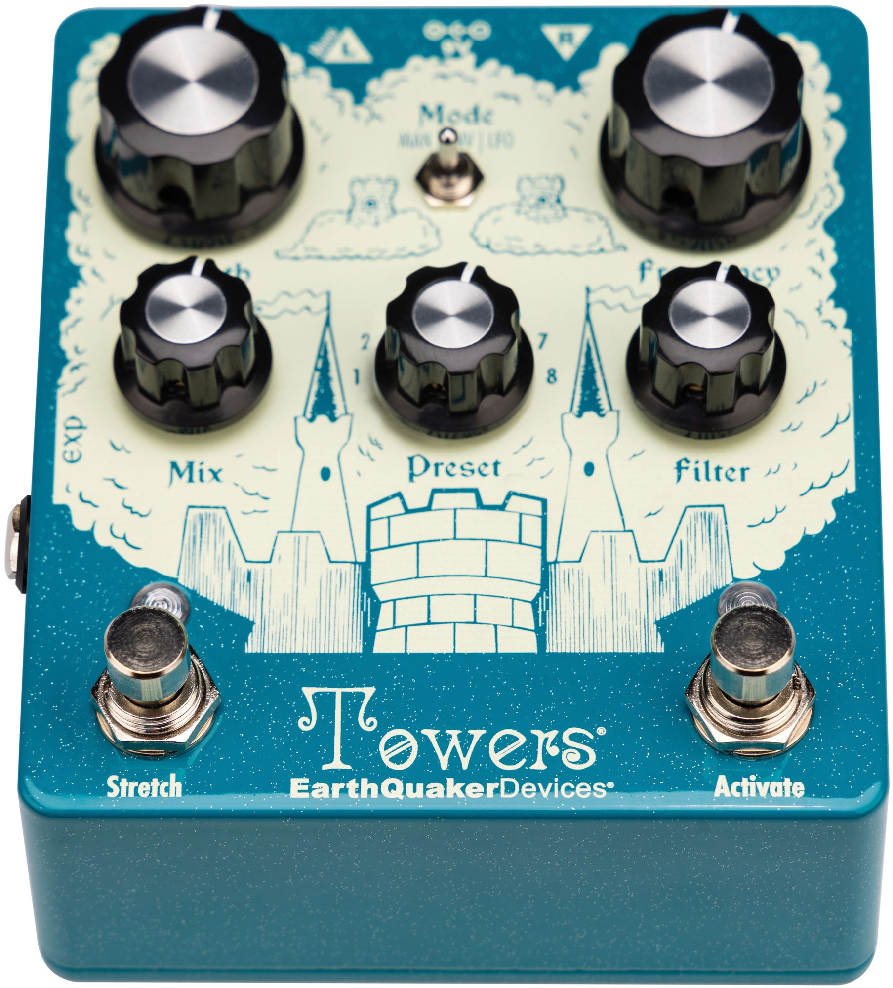Front angle of Earthquaker Devices Towers Soundscape Generator Stereo Reverberant Filter.