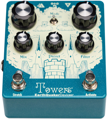 Front angle of Earthquaker Devices Towers Soundscape Generator Stereo Reverberant Filter.