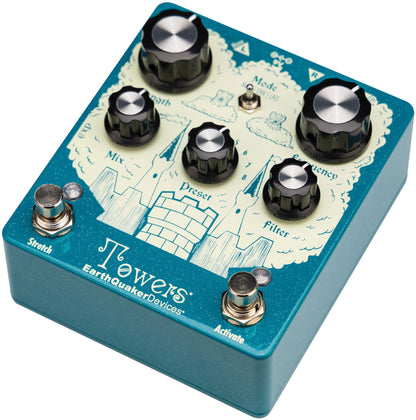 Front right angle of Earthquaker Devices Towers Soundscape Generator Stereo Reverberant Filter.