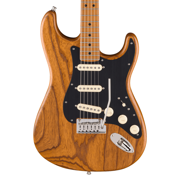 A classic Fender Stratocaster electric guitar with a natural wood grain finish, black pickguard, and cream-colored hardware, shown against a solid white background.
