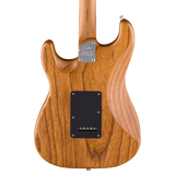 The back of a Fender electric guitar featuring a natural wood grain finish, a black pickguard, and a silver metal brand plate.