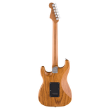 The back view of a Fender electric guitar with a natural wood finish, featuring a black pickguard and silver hardware, shown against a plain white background.