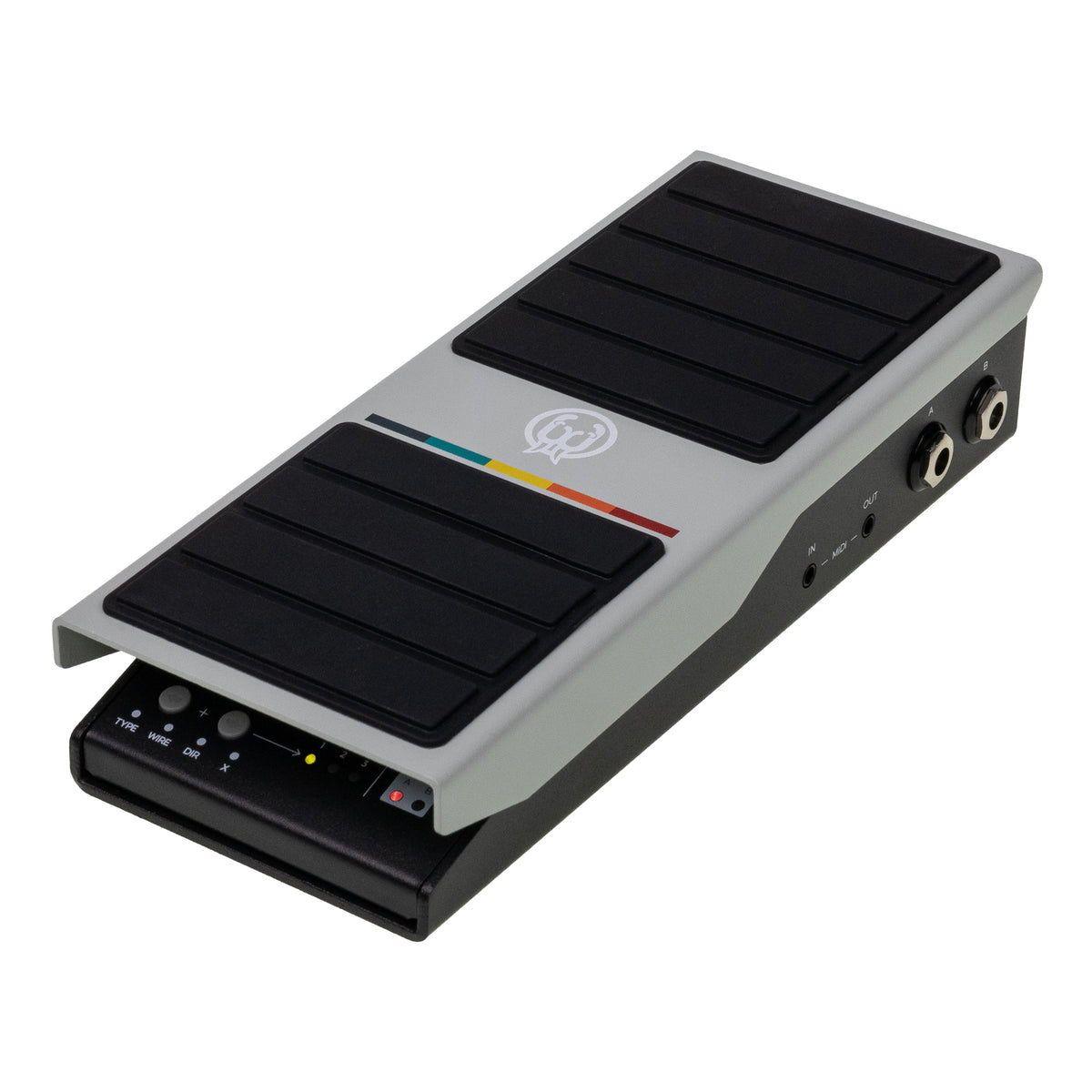 A Walrus Audio Expresion guitar pedal with a silver and black design, featuring two black footbeds, a colorful accent stripe, and control knobs on the front panel, shown on a white background.