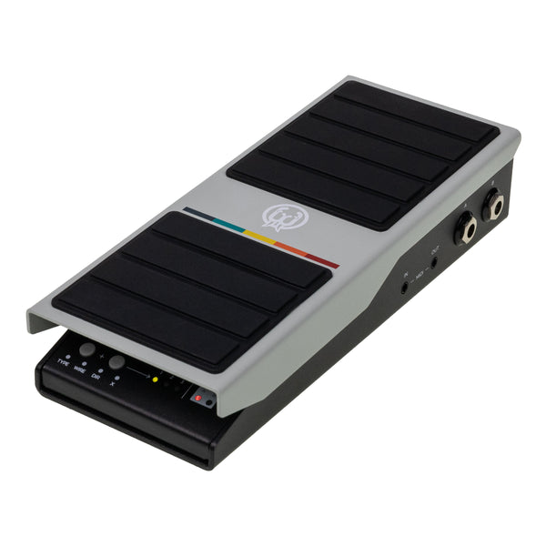 A Walrus Audio Expresion guitar pedal with a silver and black design, featuring two black footbeds, a colorful accent stripe, and control knobs on the front panel, shown on a white background.