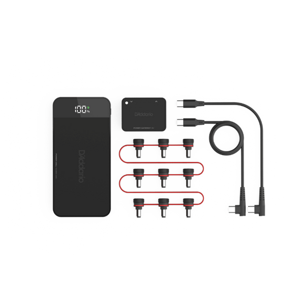 Shot of contents of D'Addario XPND Pedal Power Battery Kit