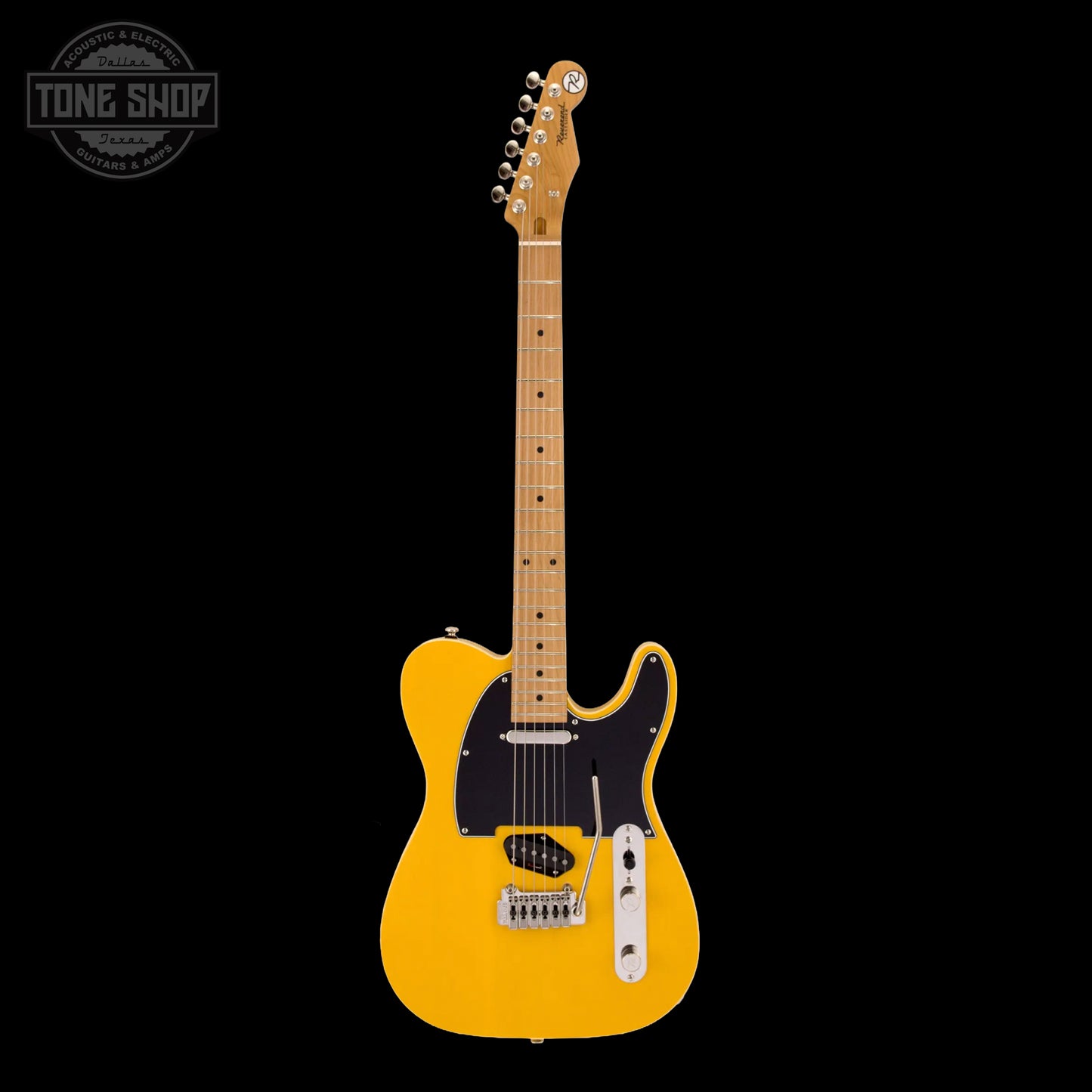 Yellow electric guitar on a black background with 'Tone Shop' logo.
