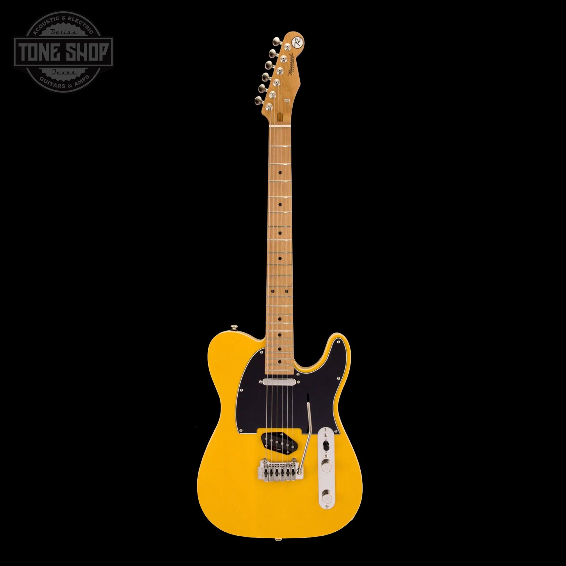 Yellow electric guitar on a black background with 'Tone Shop' logo.