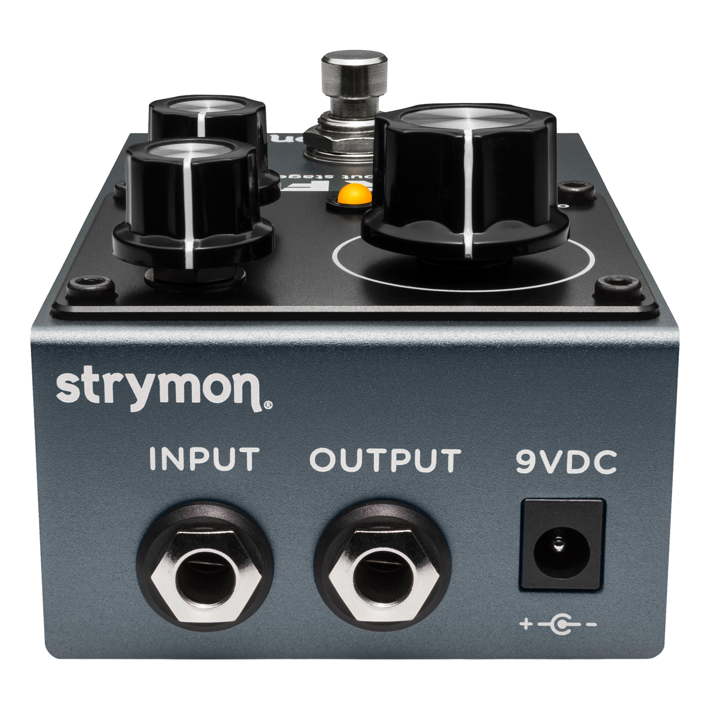 Strymon guitar effects pedal with input, output, and 9VDC connectors on a white background