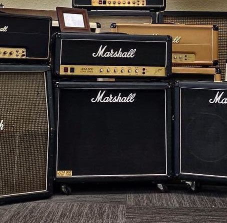 Marshall amplifiers stacked on display at Tone Shop Guitars Dallas Texas