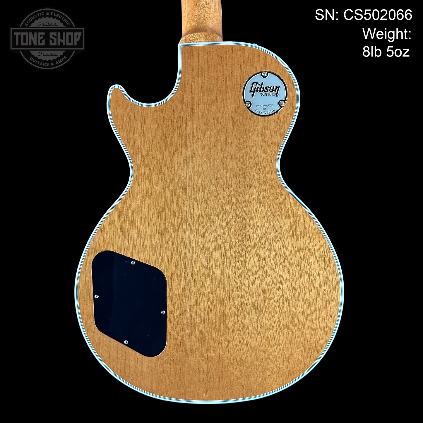 Back of Gibson Custom Shop TSG Anniversary Les Paul Custom Chambered 7A Quilt Trans Green.