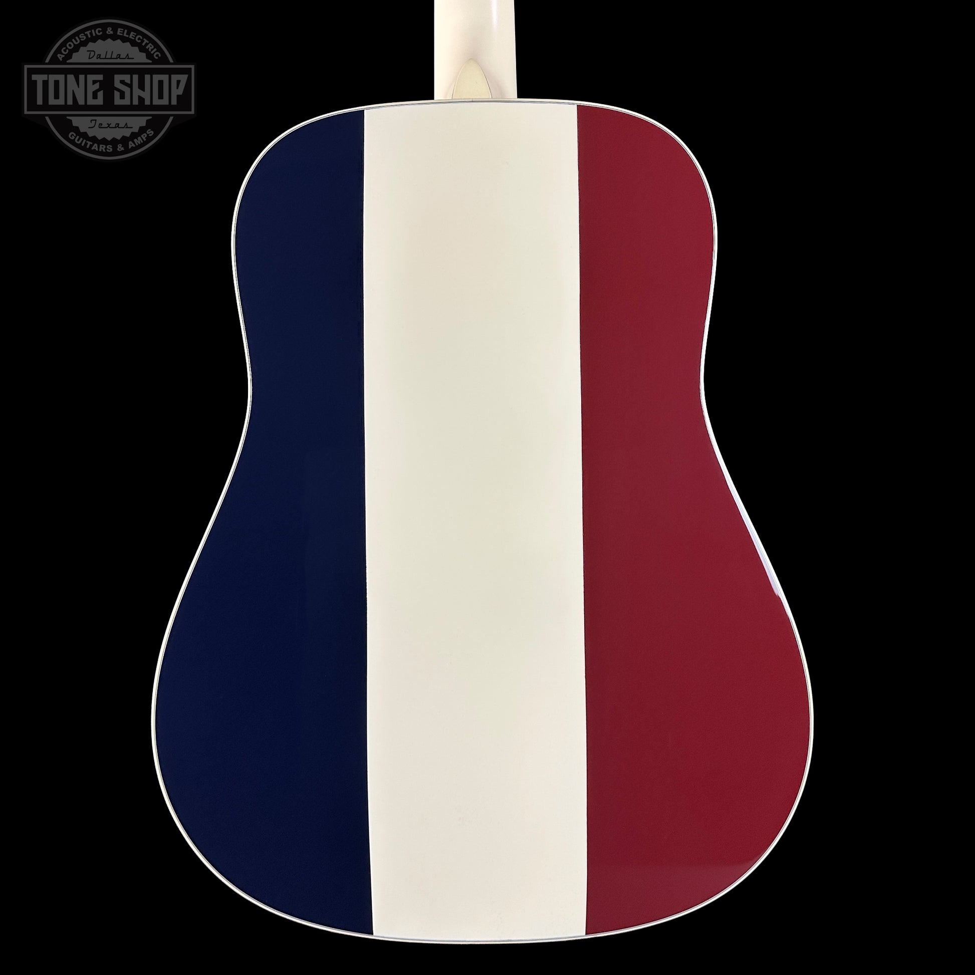 Acoustic guitar with a design featuring blue, white, and red stripes on a black background.