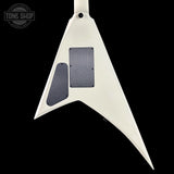 White guitar body with black pickguard on a black background, featuring 'Tone Shop' logo.