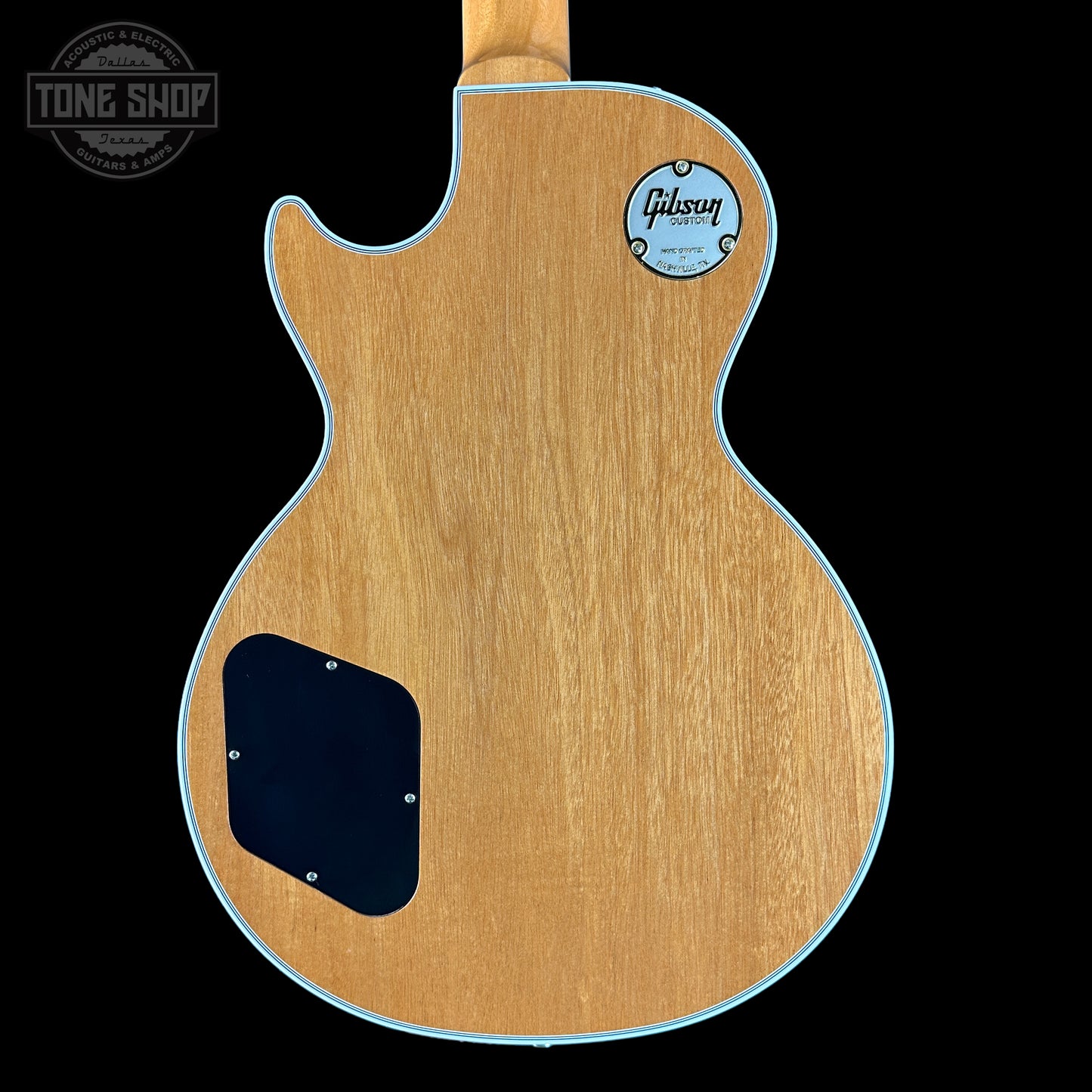 Back of Gibson Custom Shop TSG Anniversary Les Paul Custom Chambered 7A Quilt Cobra.