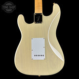 Back view of a electric guitar with a visible brand logo in the corner.