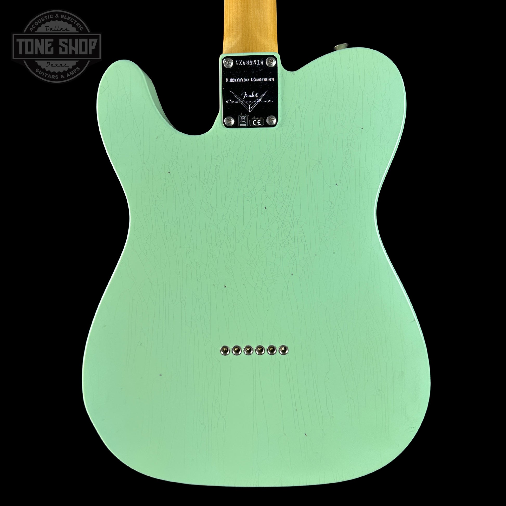 Back of Fender Custom Shop 1963 Telecaster Journeyman Relic Aged Surf Green.