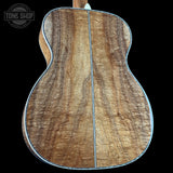 Back angle of Martin Custom Shop OM 45 Style Adirondack/Exceptional Broad Figure Koa.