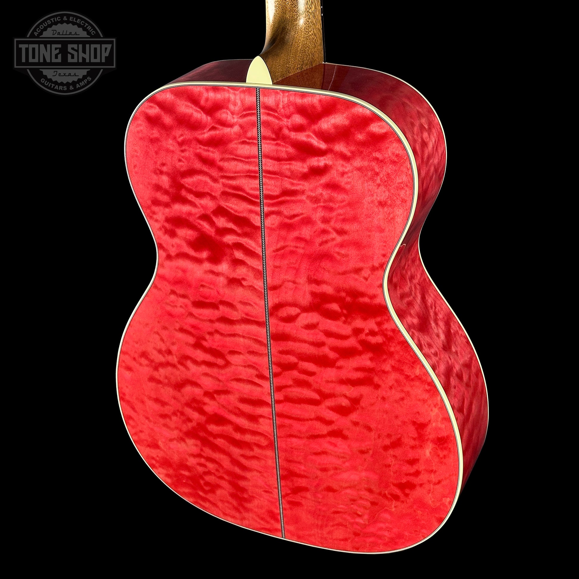 Back angle of Martin Custom Shop 000 14-Fret Quilted Maple.