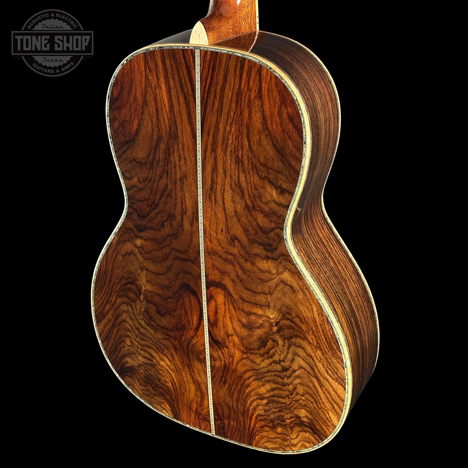 Back angle of Martin Custom Shop 00-12F 45 Style Adirondack/Wild Grain East Indian Rosewood.