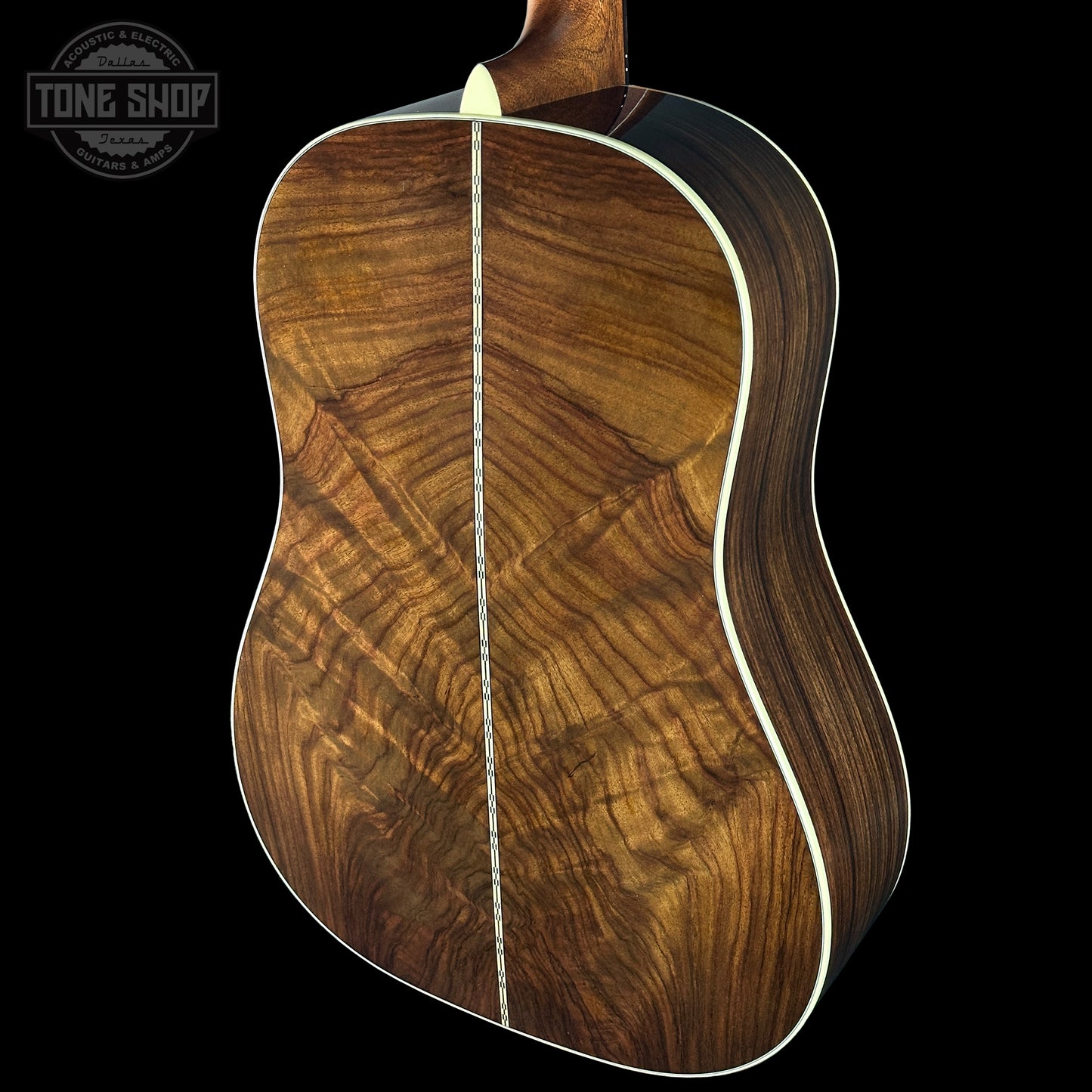 Back angle of Martin Custom Shop Dread 12-Fret Wild Grain East Indian Rosewood.