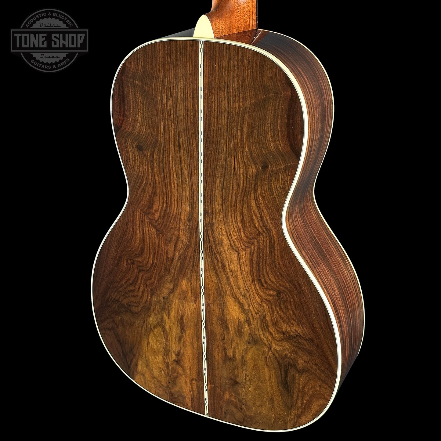 Back angle of Martin Custom Shop 00-12 Fret Wild Grain East Indian Rosewood.