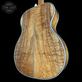 Back angle of Martin Custom Shop OM 45 Style Adirondack/Exceptional Broad Figure Koa.