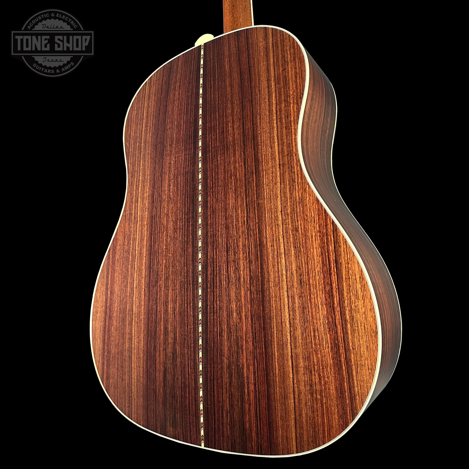 Back angle of Collings CJ Adirondack Sunburst Tigerstripe Pickguard.