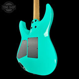 Back angle of Charvel Custom Shop DK24 HH FR Reverse Headstock Sea Foam Green.