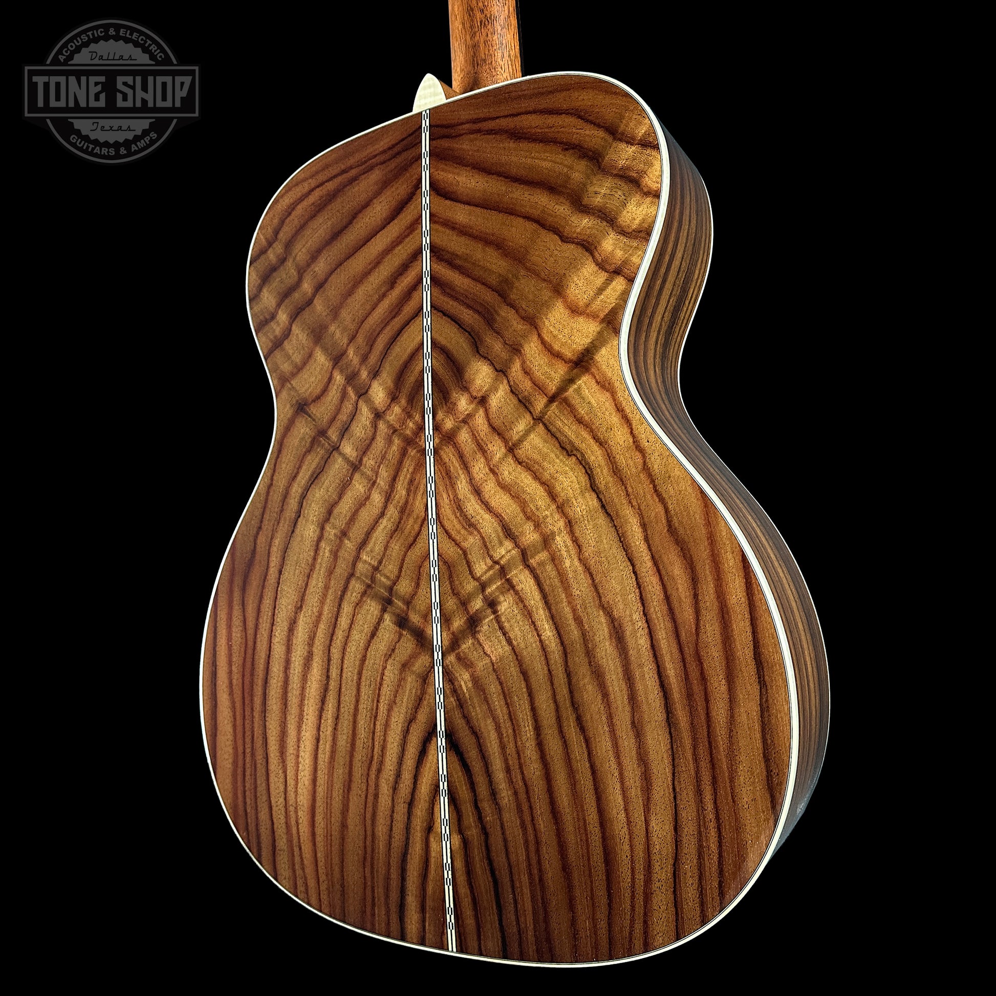 Back angle of Martin Custom Shop OM 14-Fret Wild Grain East Indian Rosewood.