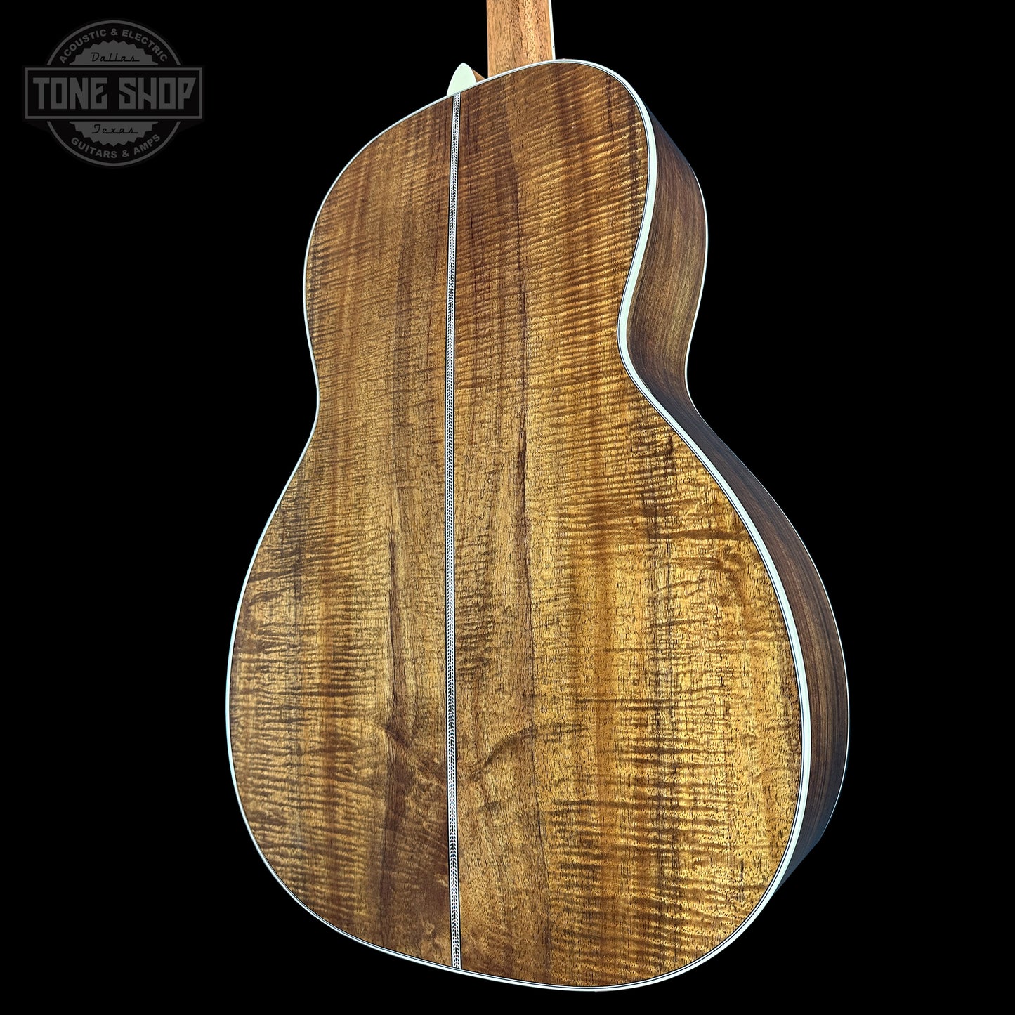 Back angle of Martin Custom Shop 00-12F 41 Style Adirondack/Exceptional Broad Figure Koa.