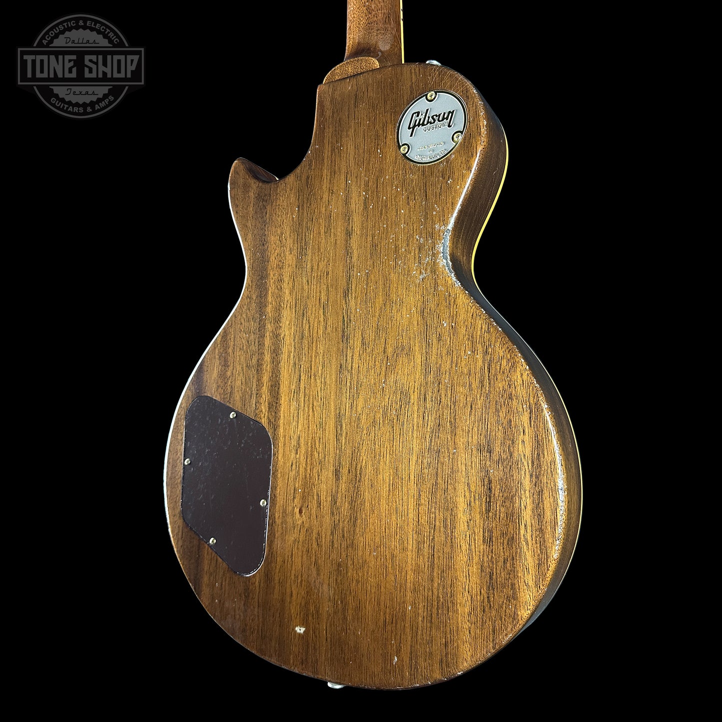 Back angle of Custom Shop Dealer Select 1956 Les Paul Standard Bigsby Ebony Top Light Aged NH.