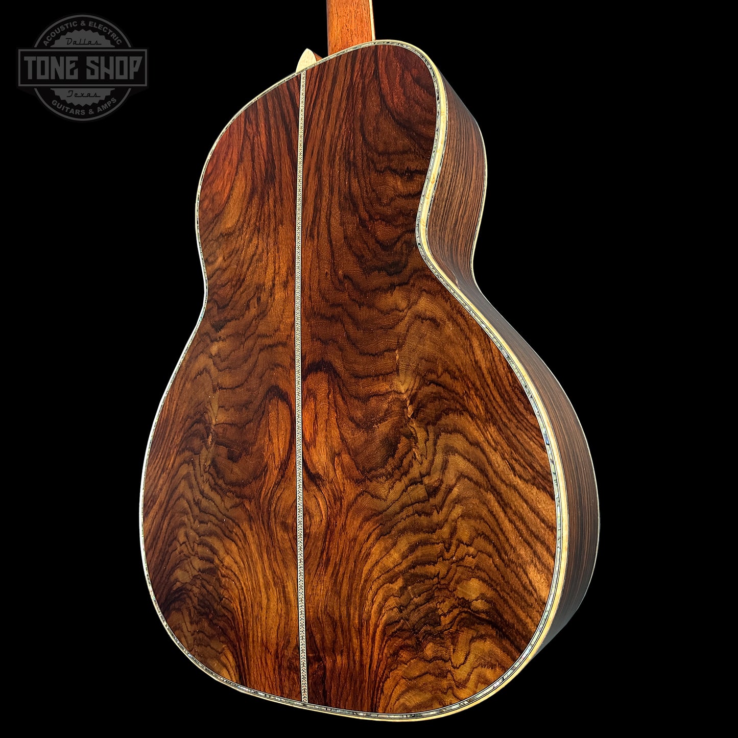 Back angle of Martin Custom Shop 00-12F 45 Style Adirondack/Wild Grain East Indian Rosewood.