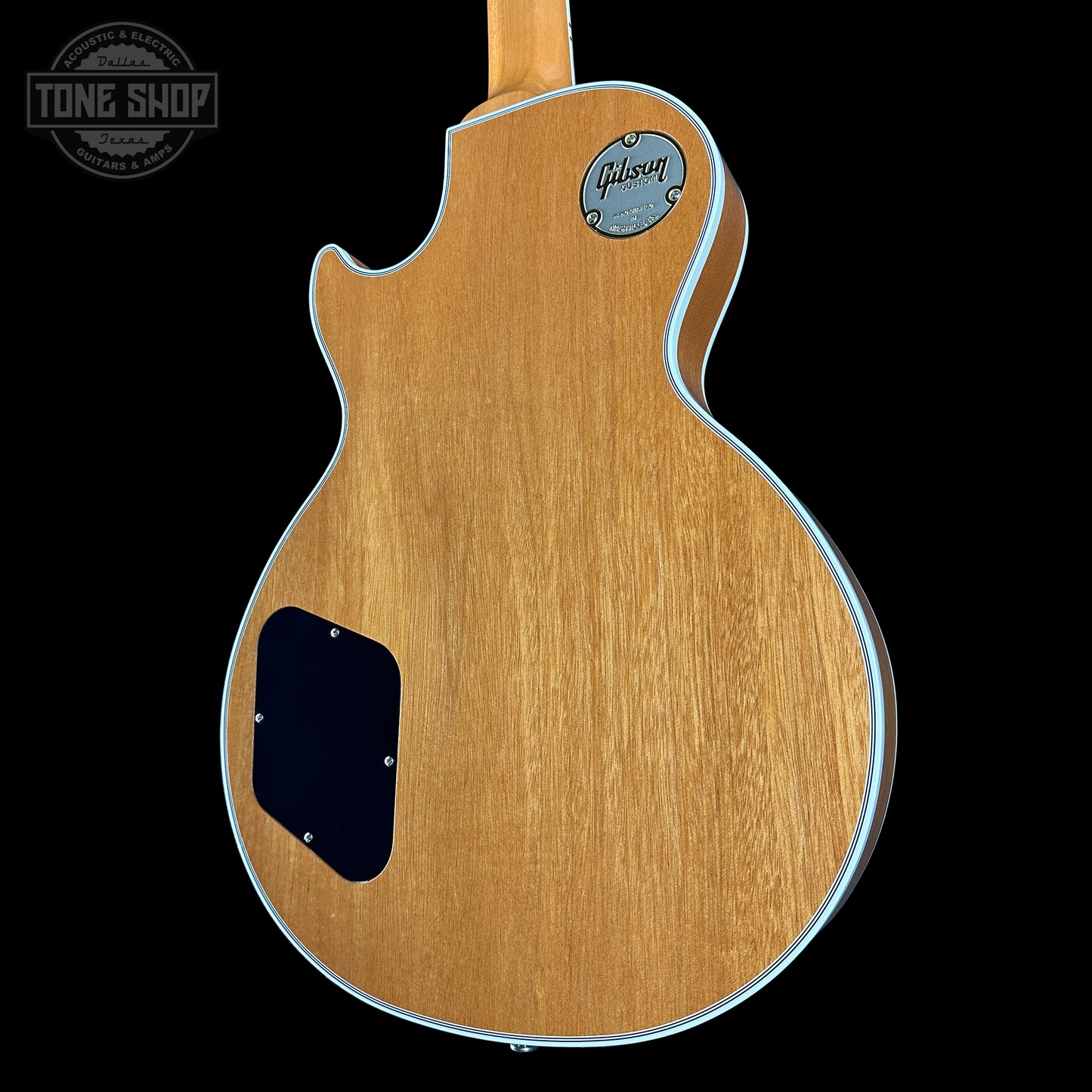 Back angle of Gibson Custom Shop TSG Anniversary Les Paul Custom Chambered 7A Quilt Cobra.