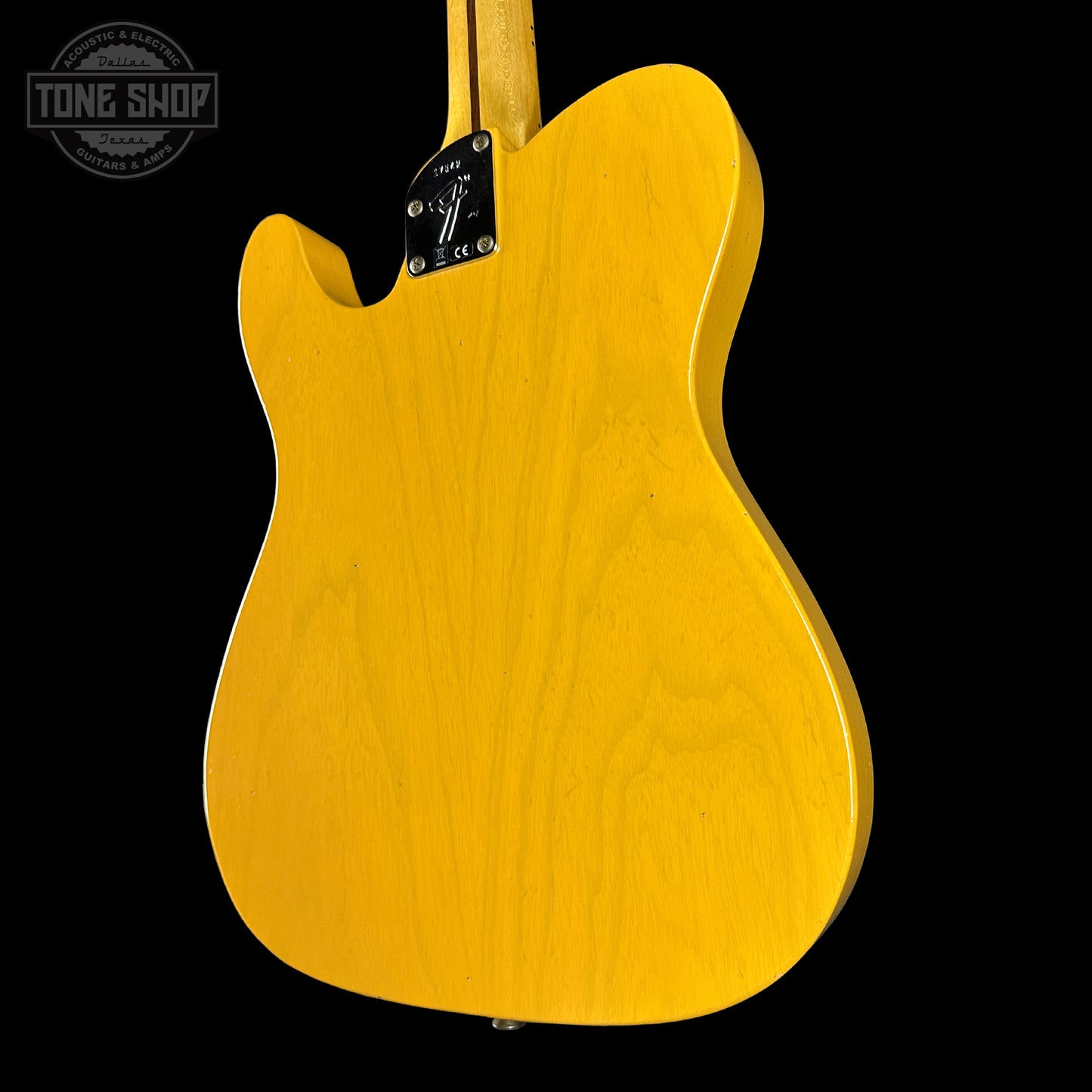 Back angle of Fender Custom Shop Postmodern Tele MN Journeyman Relic Aged Butterscotch Blonde.