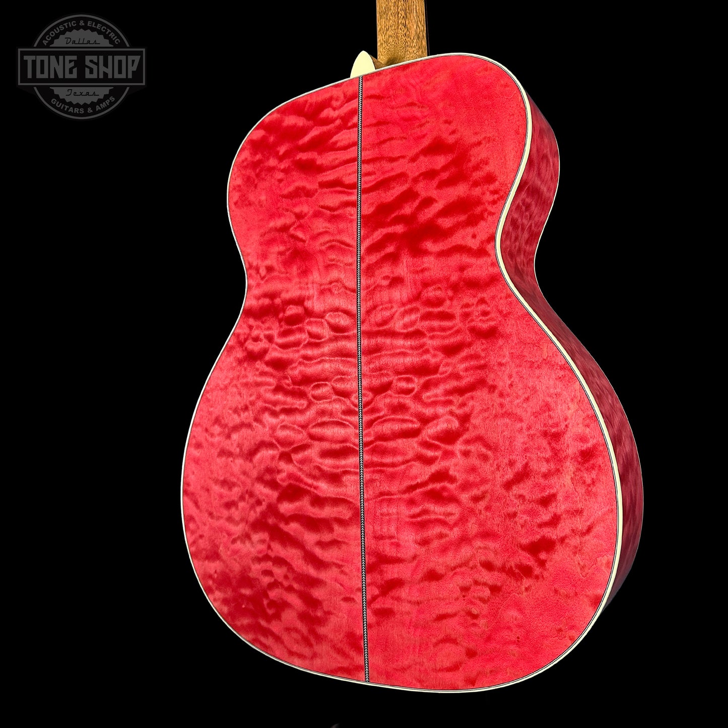 Back angle of Martin Custom Shop 000 14-Fret Quilted Maple.