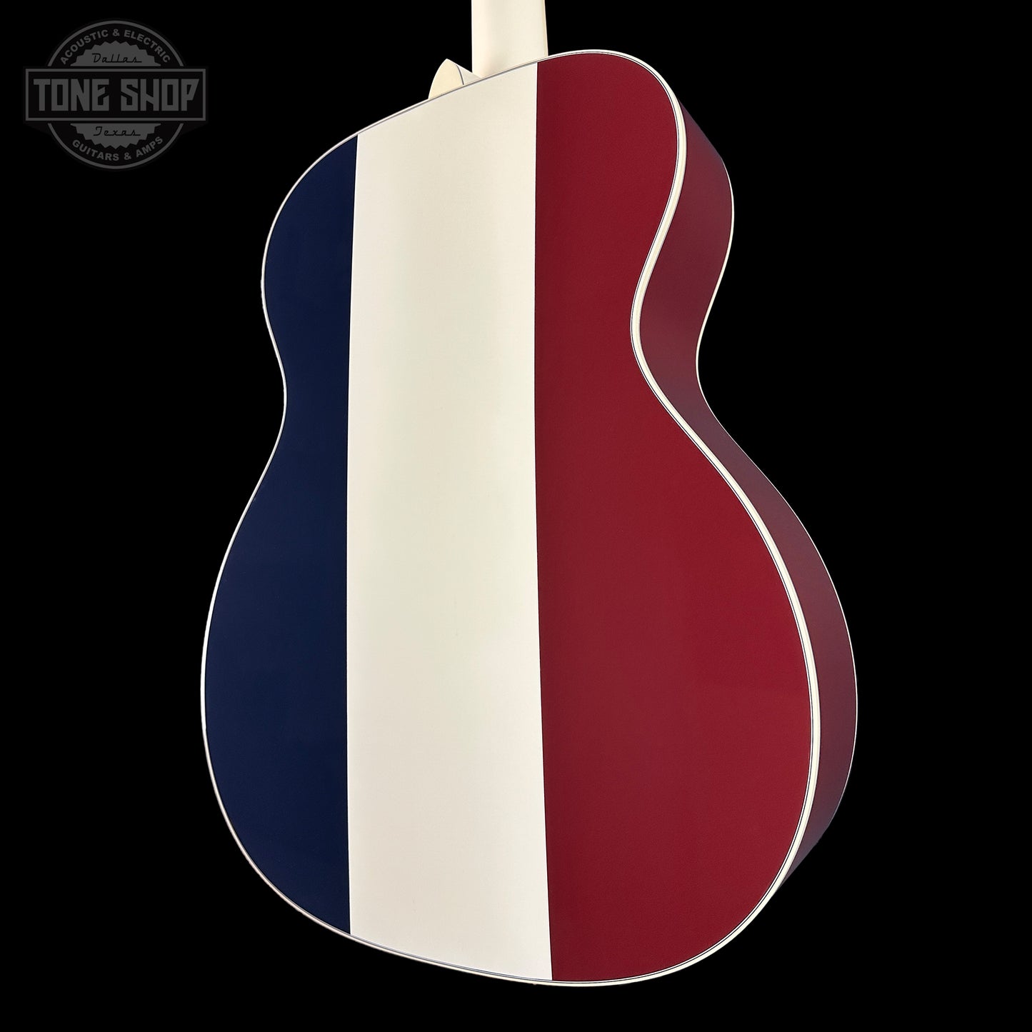 Back angle of Martin Custom Shop OM Red/White/Blue Sitka/EIR.