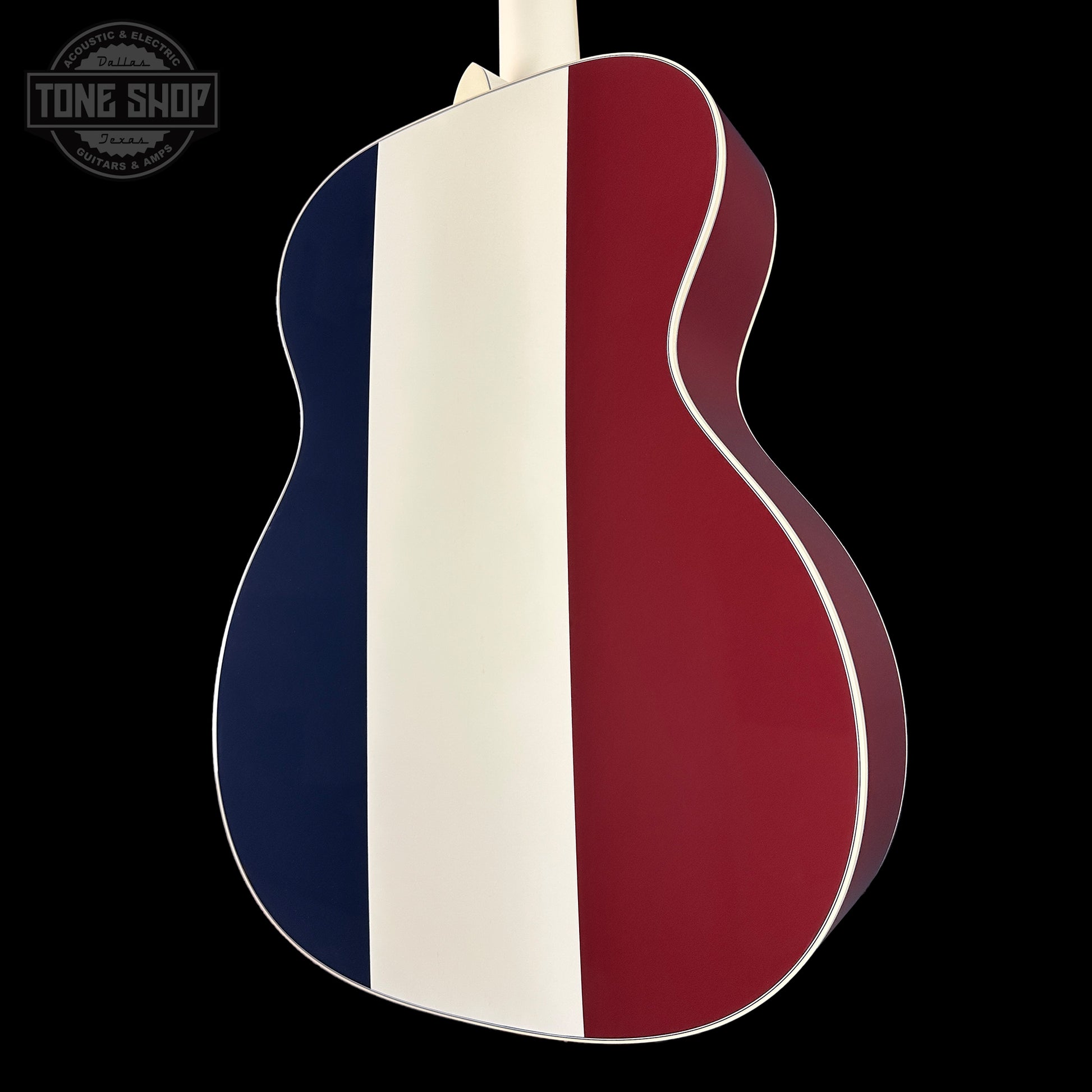 Back angle of Martin Custom Shop OM Red/White/Blue Sitka/EIR.