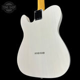Back angle of Fender Custom Shop Vintage Custom 1950 Pine Esquire Time Capsule Aged White Blonde.