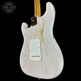 Back angle of Fender Custom Shop 1957 Stratocaster Relic White Blonde AAA Maple Neck.