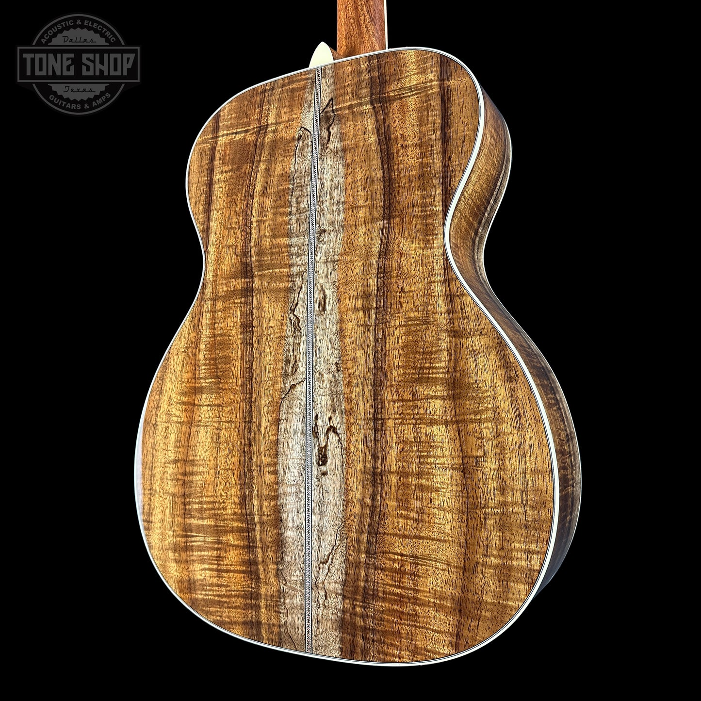 Back angle of Martin Custom Shop OM 41 Style Adirondack / Exceptional Broad Figure Koa.