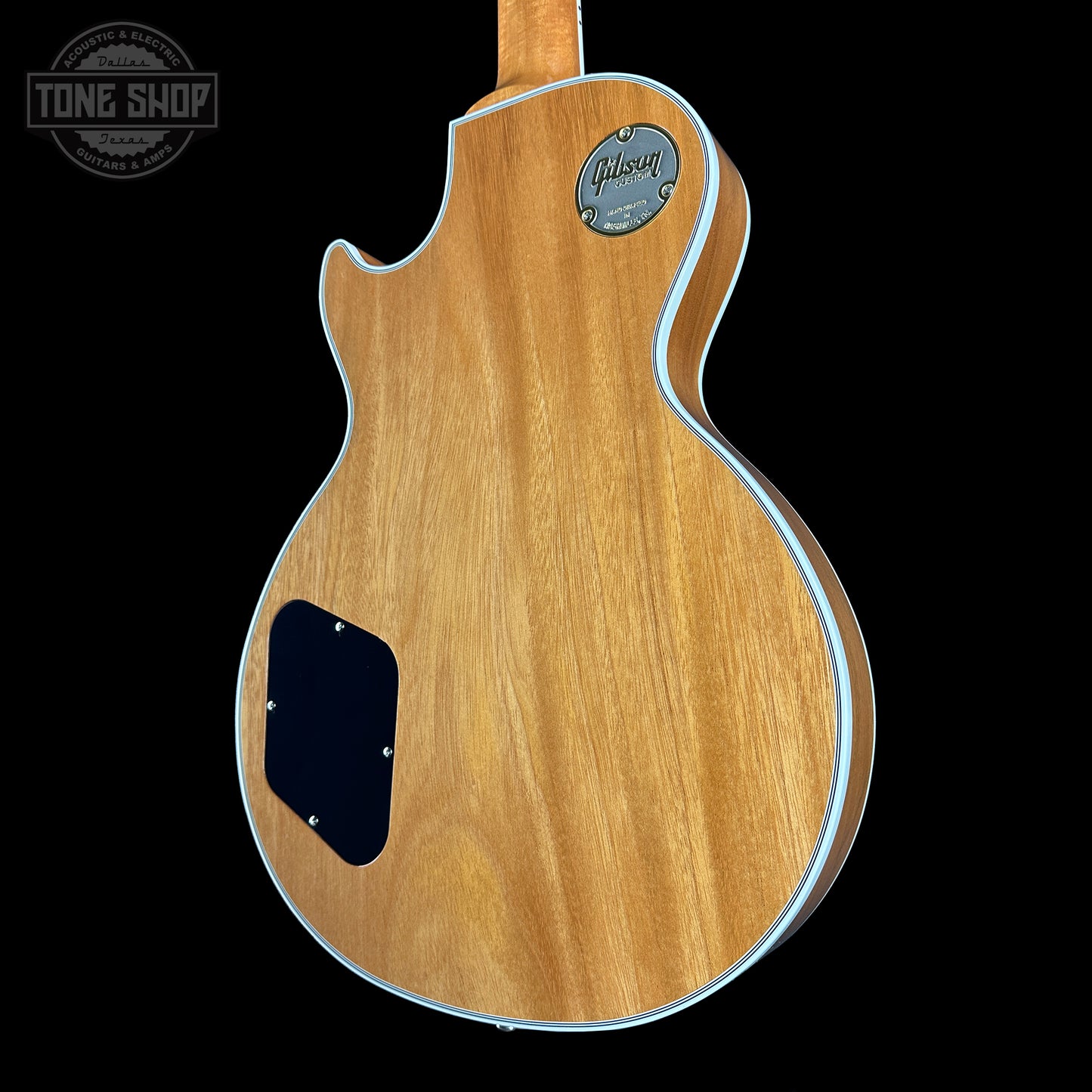 Back view of a Gibson electric guitar with a visible brand logo on a black background.