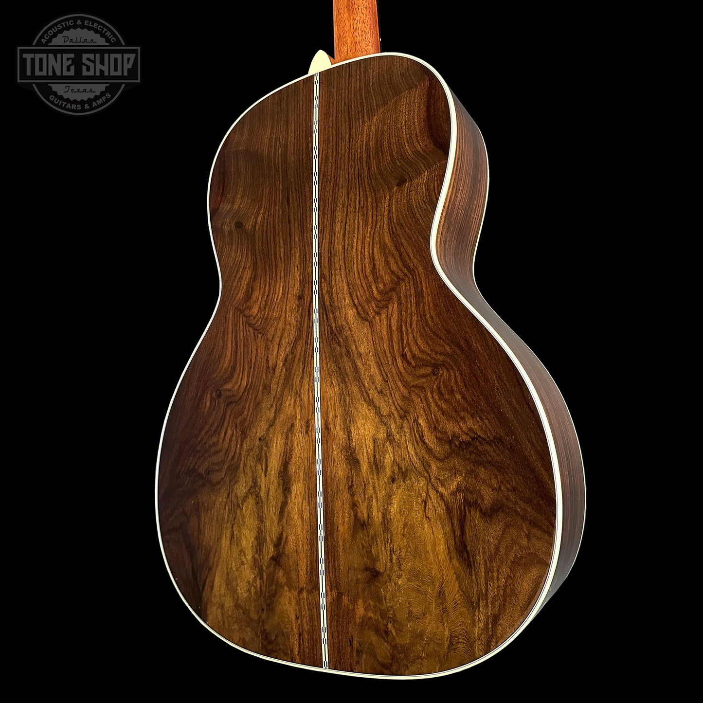 Back angle of Martin Custom Shop 00-12 Fret Wild Grain East Indian Rosewood.