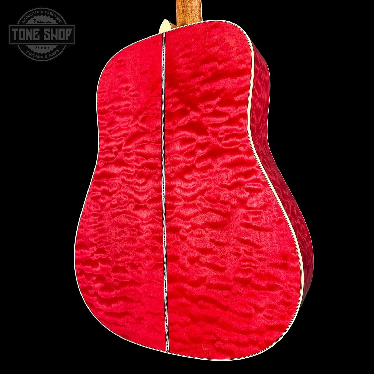 Back angle of Martin Custom Shop Dread 14-Fret Quilted Maple.