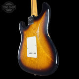 Back angle of Fender Custom Shop 1957 Stratocaster Relic 2 Tone Sunburst AAA Maple Neck.