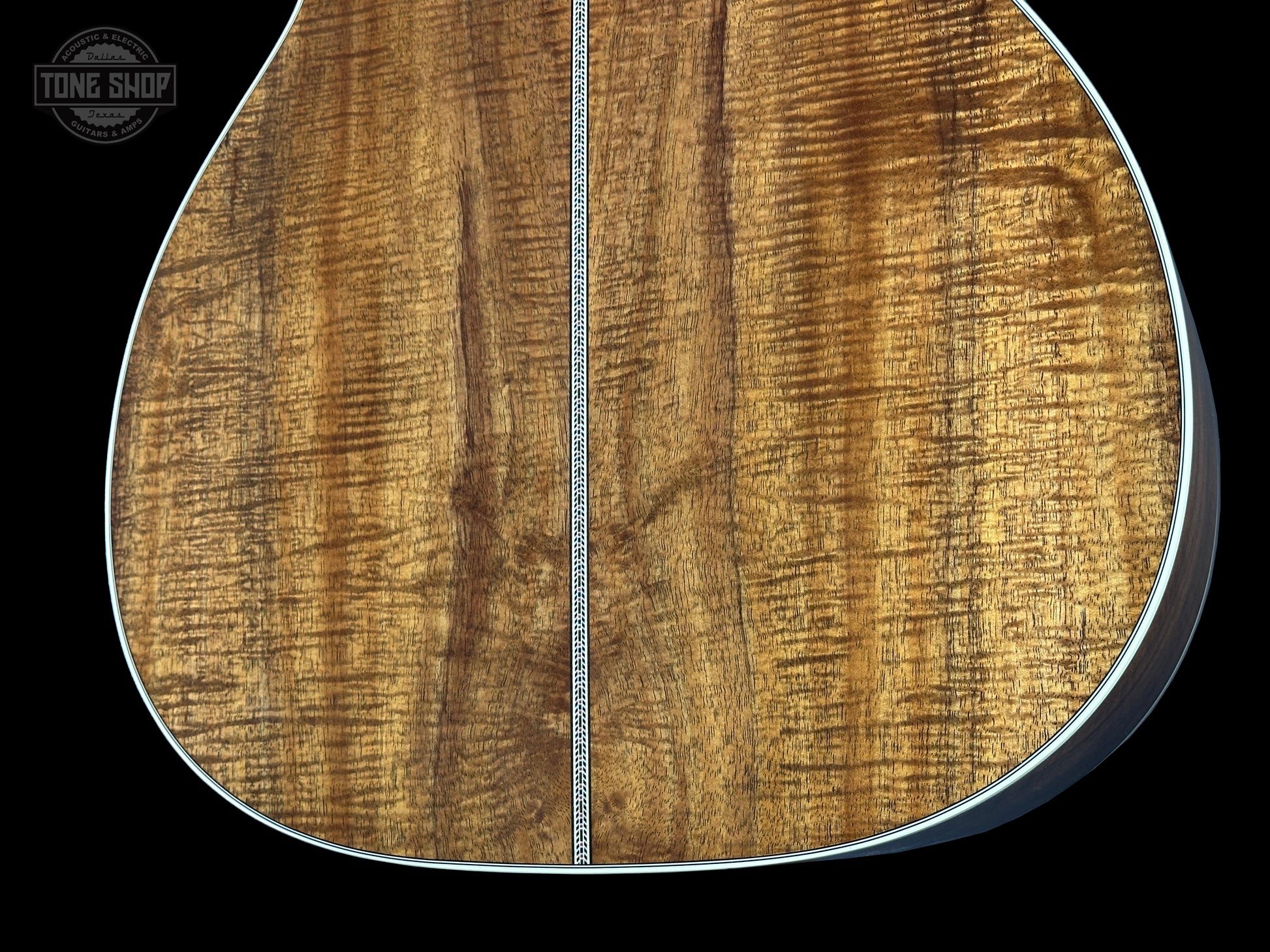 Back angle of Martin Custom Shop 00-12F 41 Style Adirondack/Exceptional Broad Figure Koa.